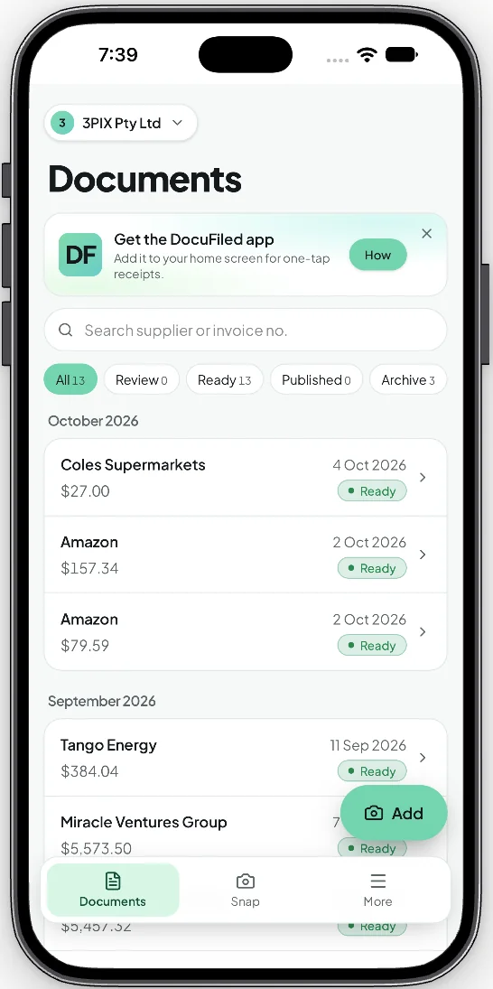 Documents list in the DocuFiled phone app