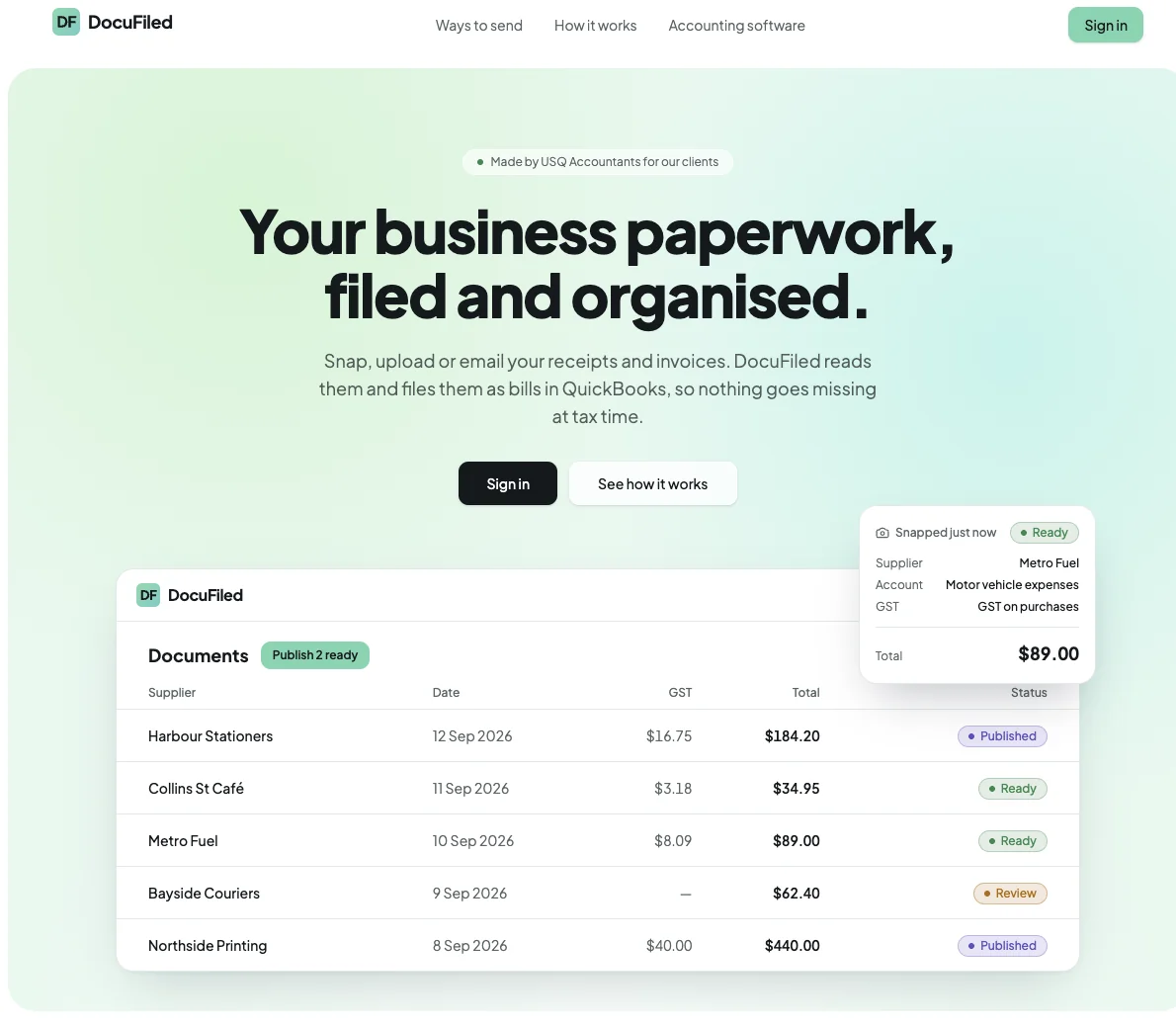 DocuFiled home page with the documents list