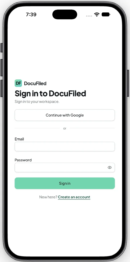 DocuFiled sign-in on a phone